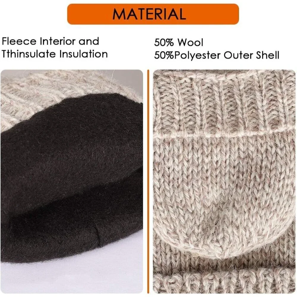 Women's Beige Winter Warm Thermal Insulation Fingerless Texting Wool Gloves